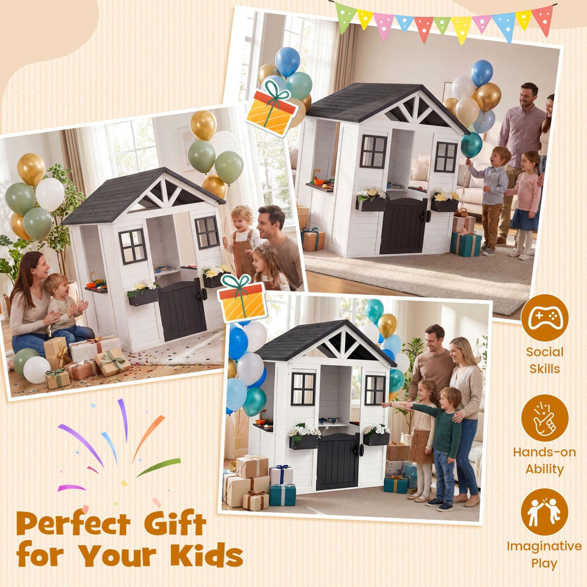 Kids outdoor playhouse by GBruno Store featuring a wooden cottage with half door and a built-in sink for imaginative play.