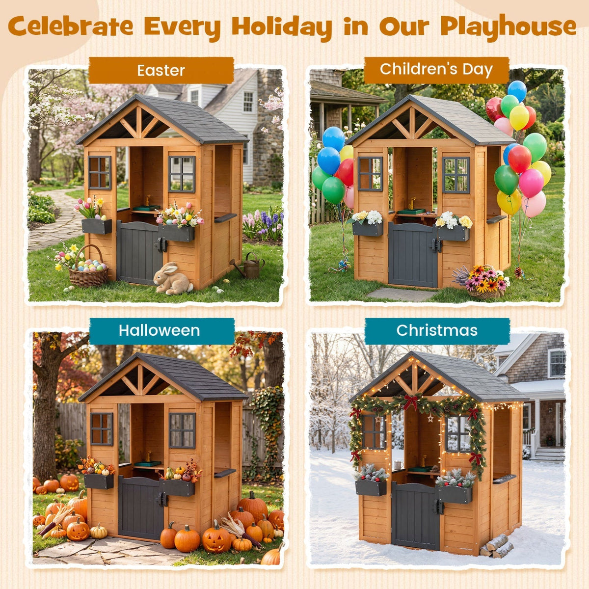 Kids outdoor wooden playhouse with sink, featuring a spruce finish, half door, and cottage design for outdoor play.