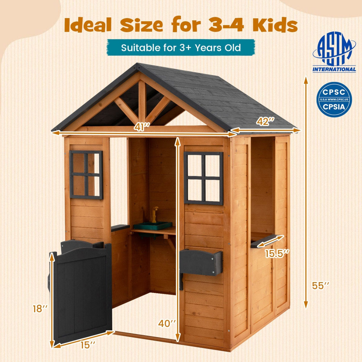 Kids outdoor playhouse by GBruno Store featuring a wooden cottage design with a half door and built-in sink for outdoor fun.