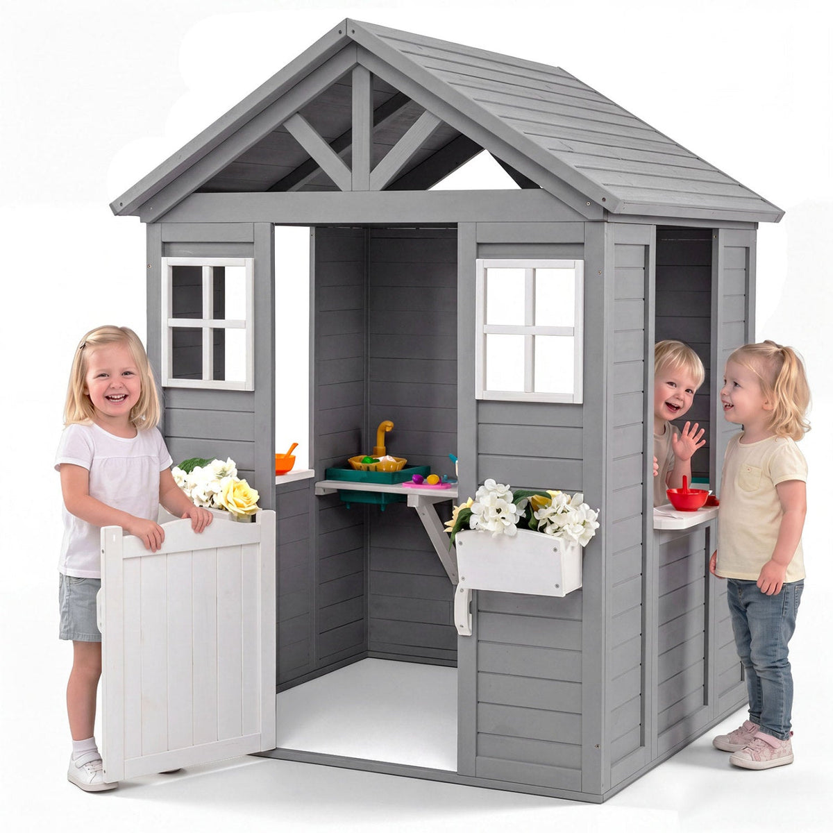 Kids outdoor wooden playhouse by GBruno Store with half door and sink, resembling a cozy spruce cottage for outdoor play.