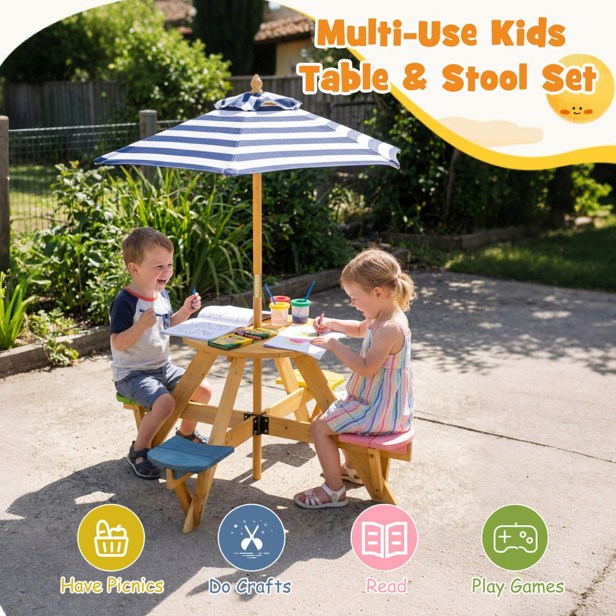 Kids picnic table with attached stools and foldable adjustable umbrella, suitable for backyard and patio use.