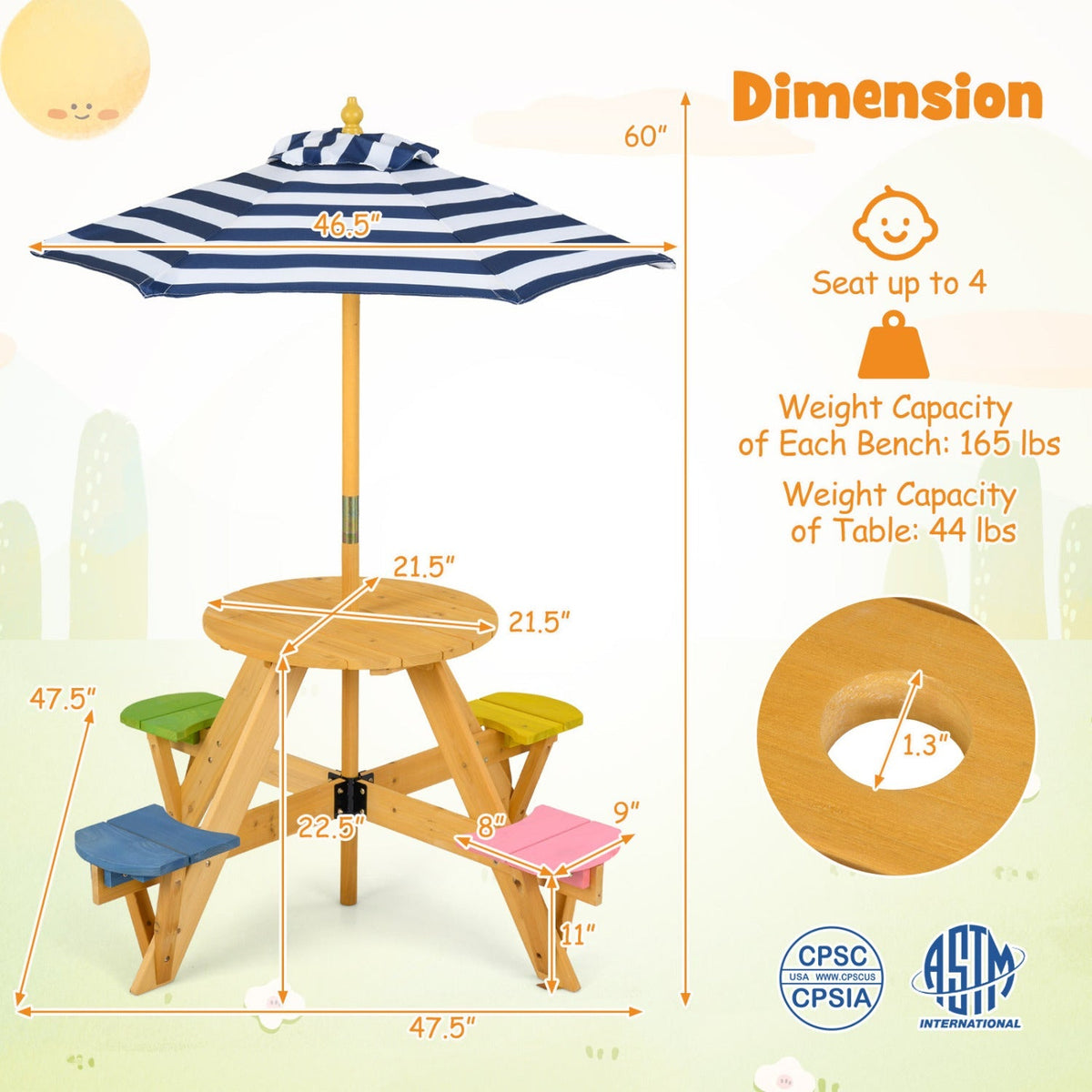 Kids picnic table with attached stools and foldable adjustable umbrella, ideal for backyard and patio play areas.