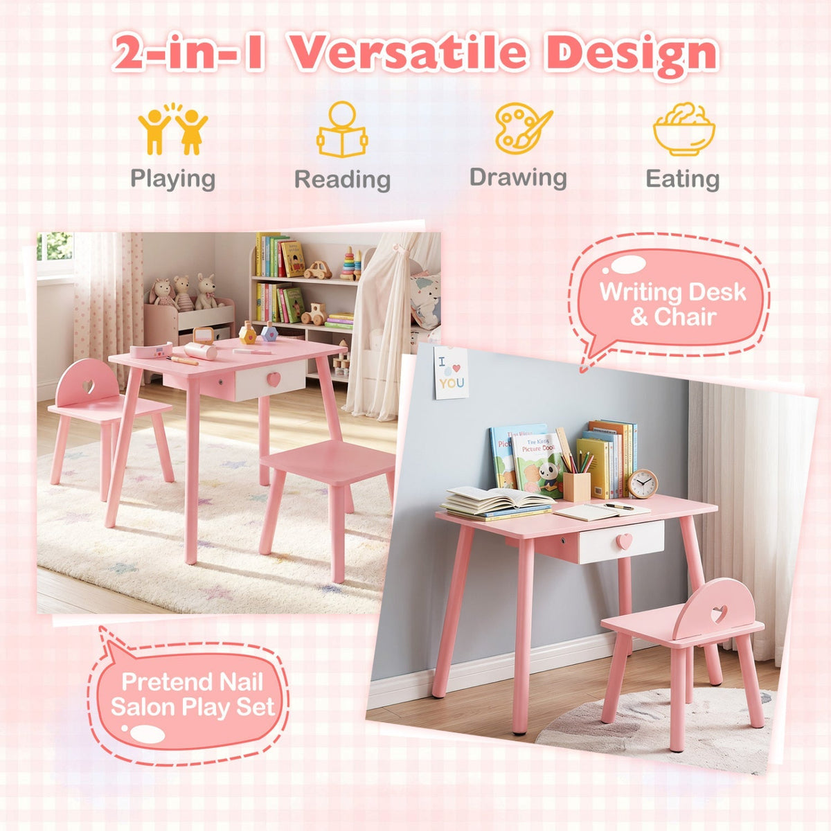 Kids vanity pretend nail salon playset with table and stools, featuring colorful nail polish bottles and grooming tools for children