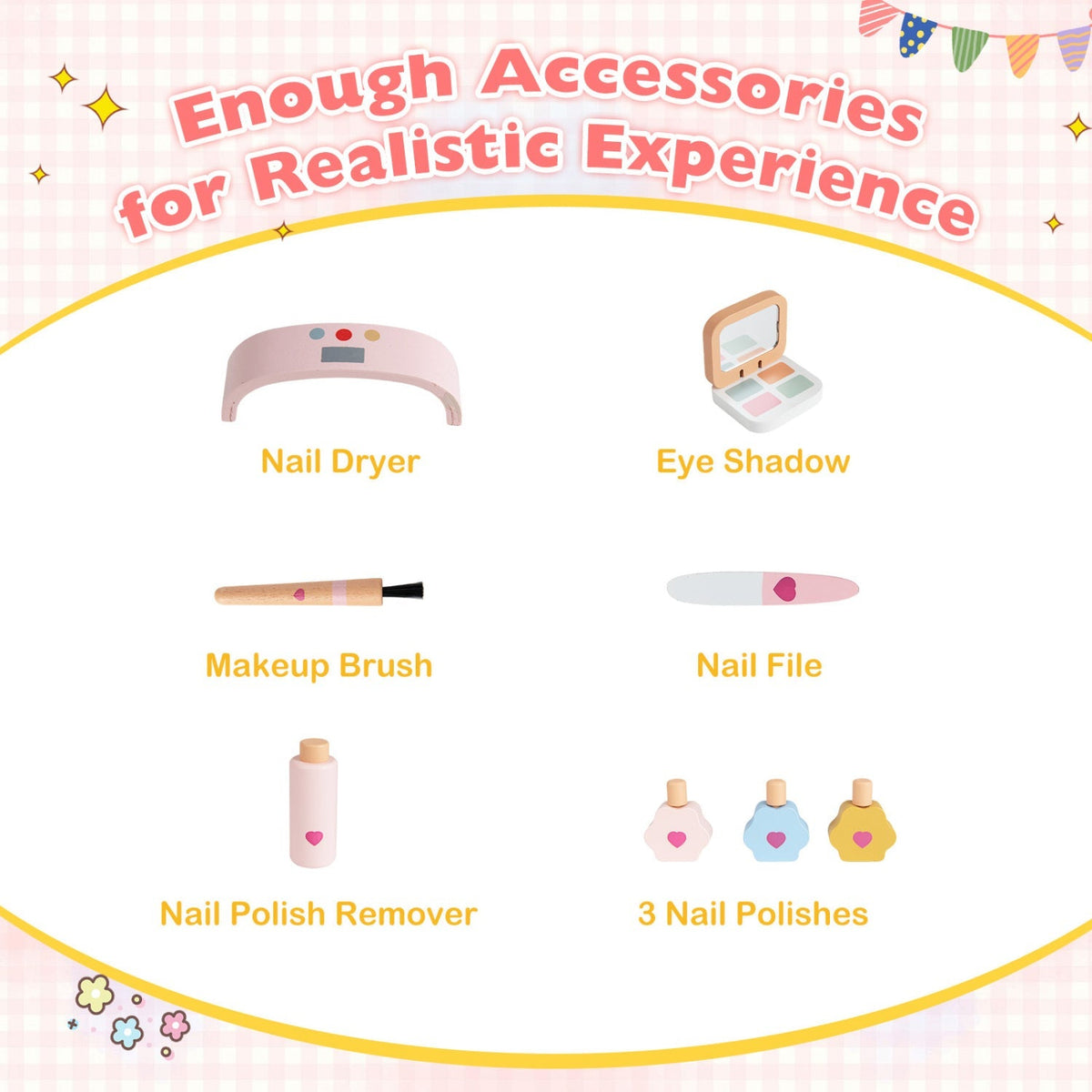 Kids pretend nail salon playset with vanity, table, and stools, featuring colorful accessories for imaginative nail art fun.