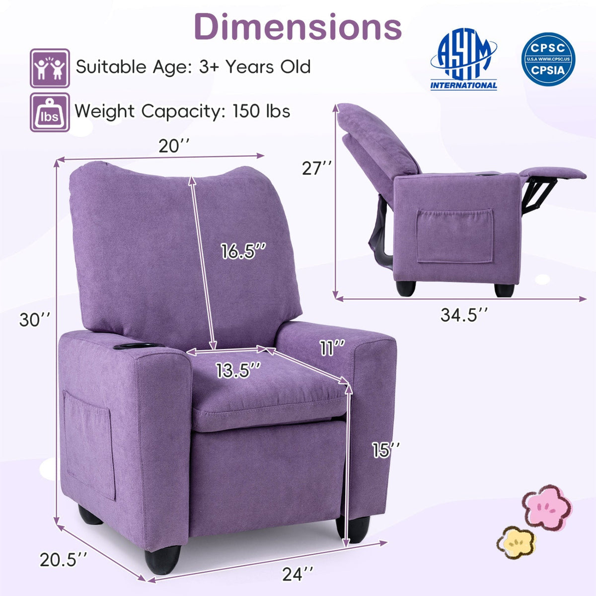 Kids recliner sofa from GBruno Store with adjustable footrest and cup holder, featuring colorful upholstery and child-friendly design.