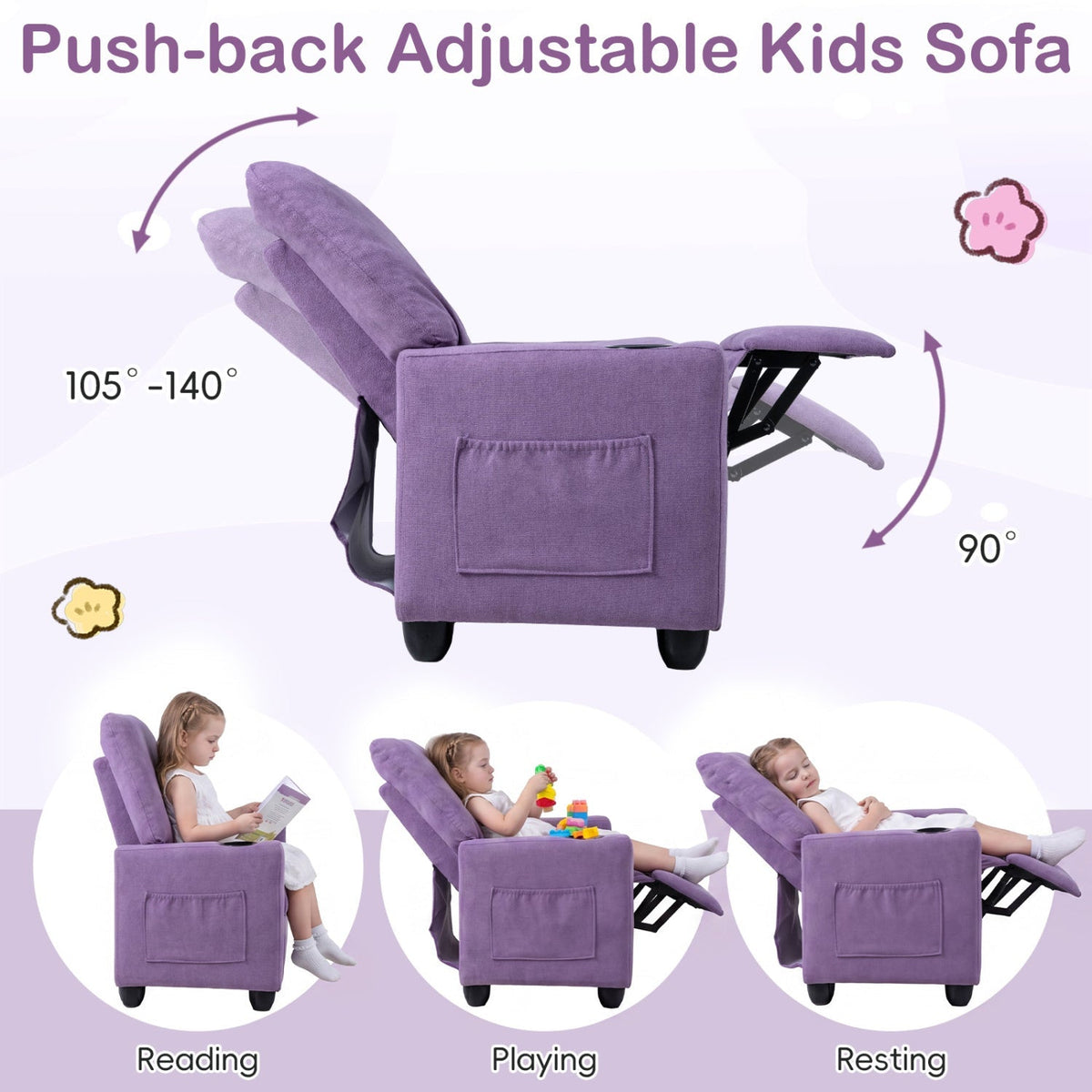 Kids recliner sofa by GBruno Store with adjustable footrest and built-in cup holder, featuring colorful, soft upholstery for children.