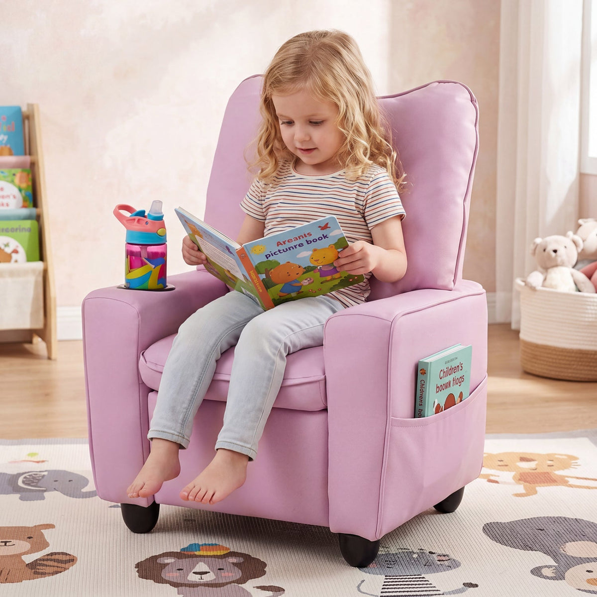 Kids recliner chair by GBruno Store with cup holder and adjustable backrest, featuring colorful fabric and comfortable design.