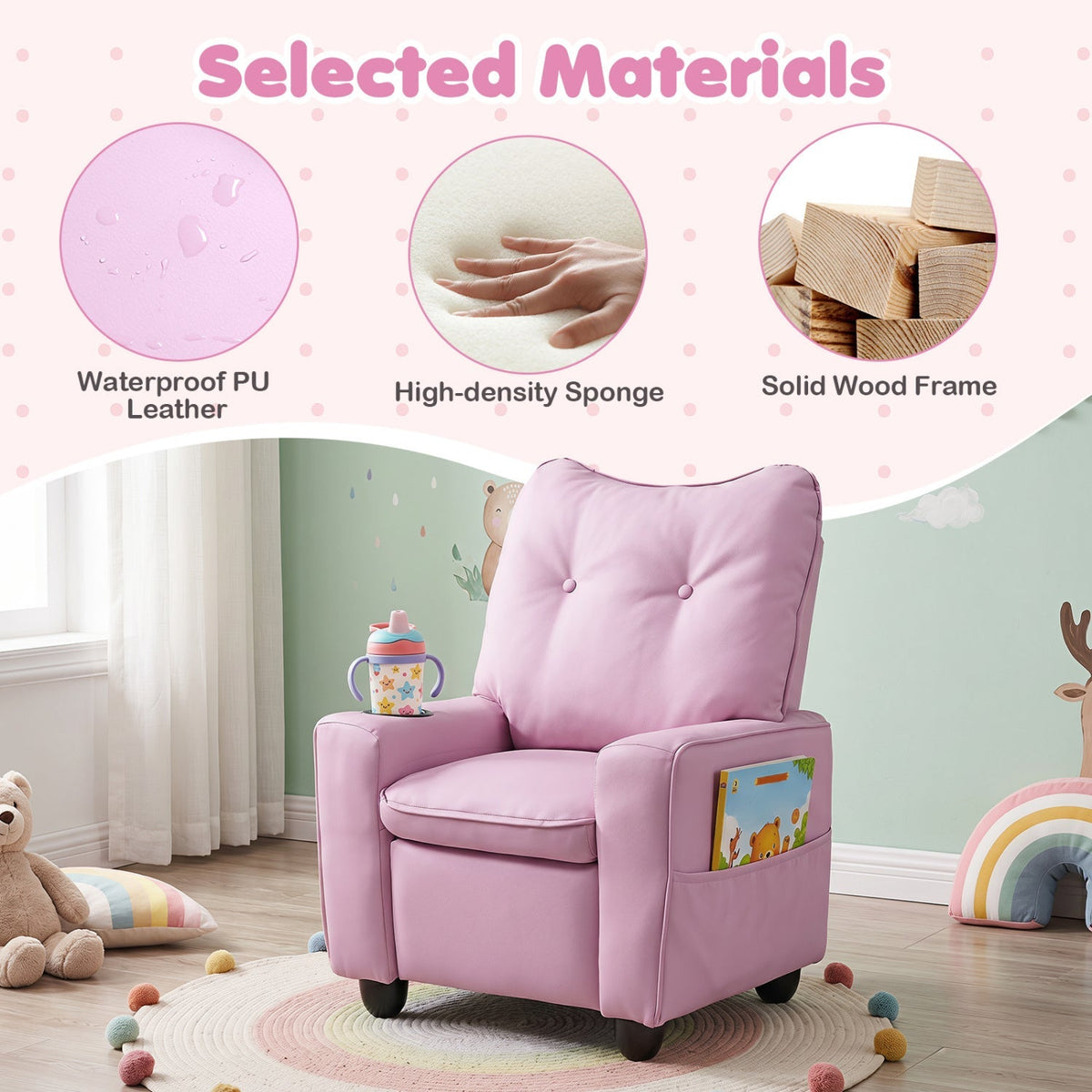 Kids recliner chair by GBruno Store with cup holder and adjustable backrest, perfect for comfortable children's seating.