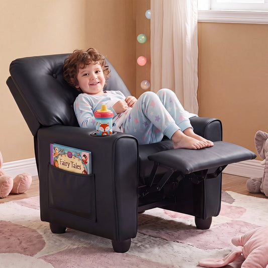 Kids recliner chair by GBruno Store featuring a cup holder and adjustable backrest, perfect for comfortable seating.