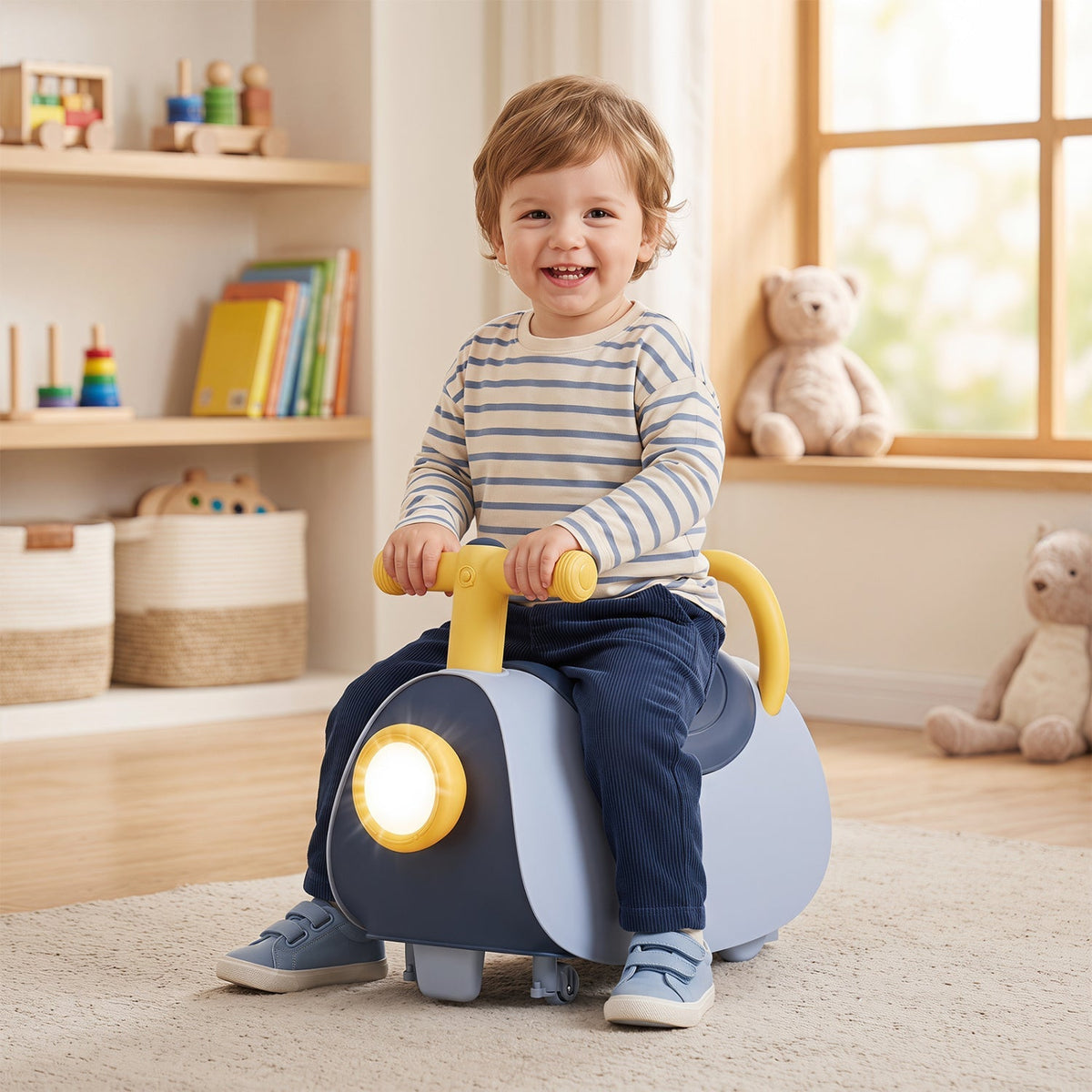 Kids ride-on push car by GBruno Store with music and storage, suitable for children aged 18-36 months.