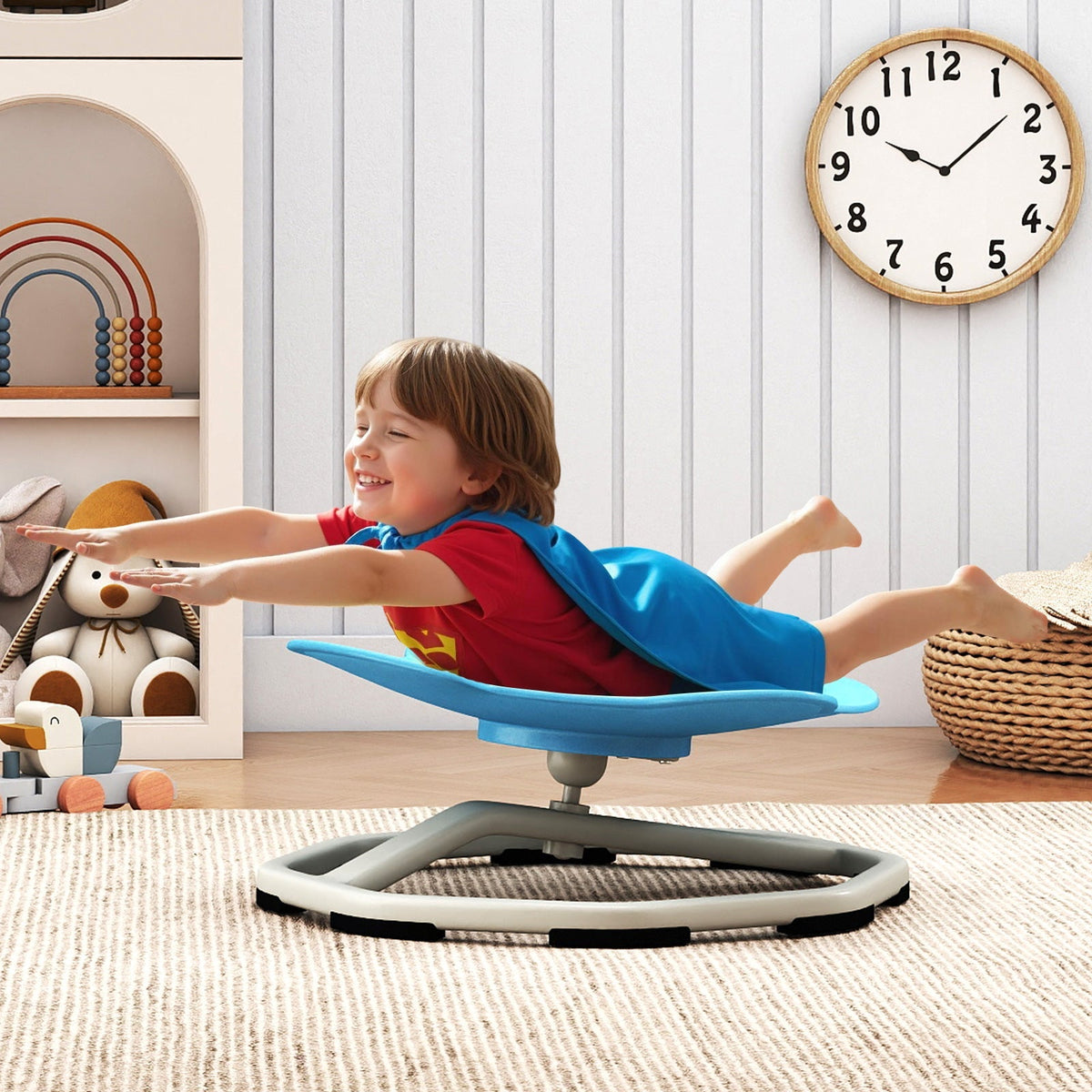 Kids sensory swivel chair with 360° spinning seat and metal base, designed for children’s comfort and sensory play.