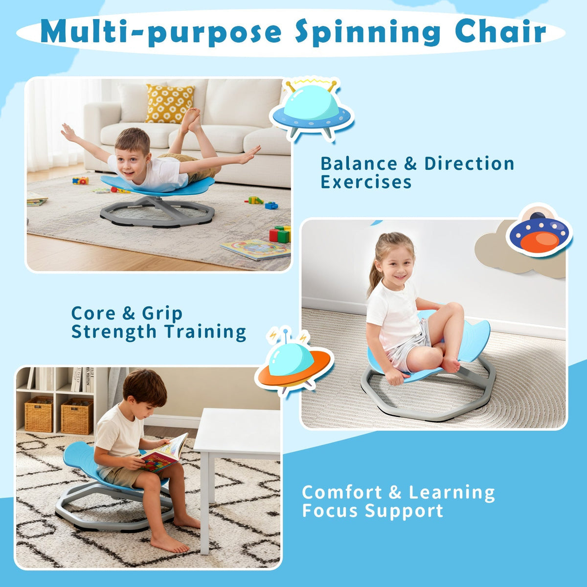Kids sensory swivel chair with 360° spinning seat and metal base, designed for children’s comfort and sensory play.