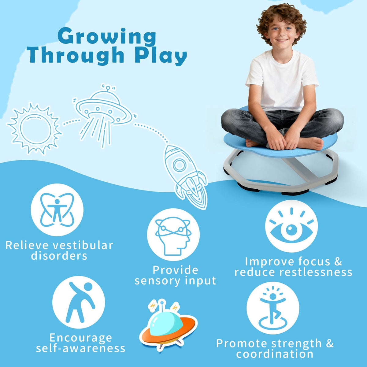Kids sensory swivel chair with 360° spinning seat and metal base, designed for children’s comfort and sensory play.