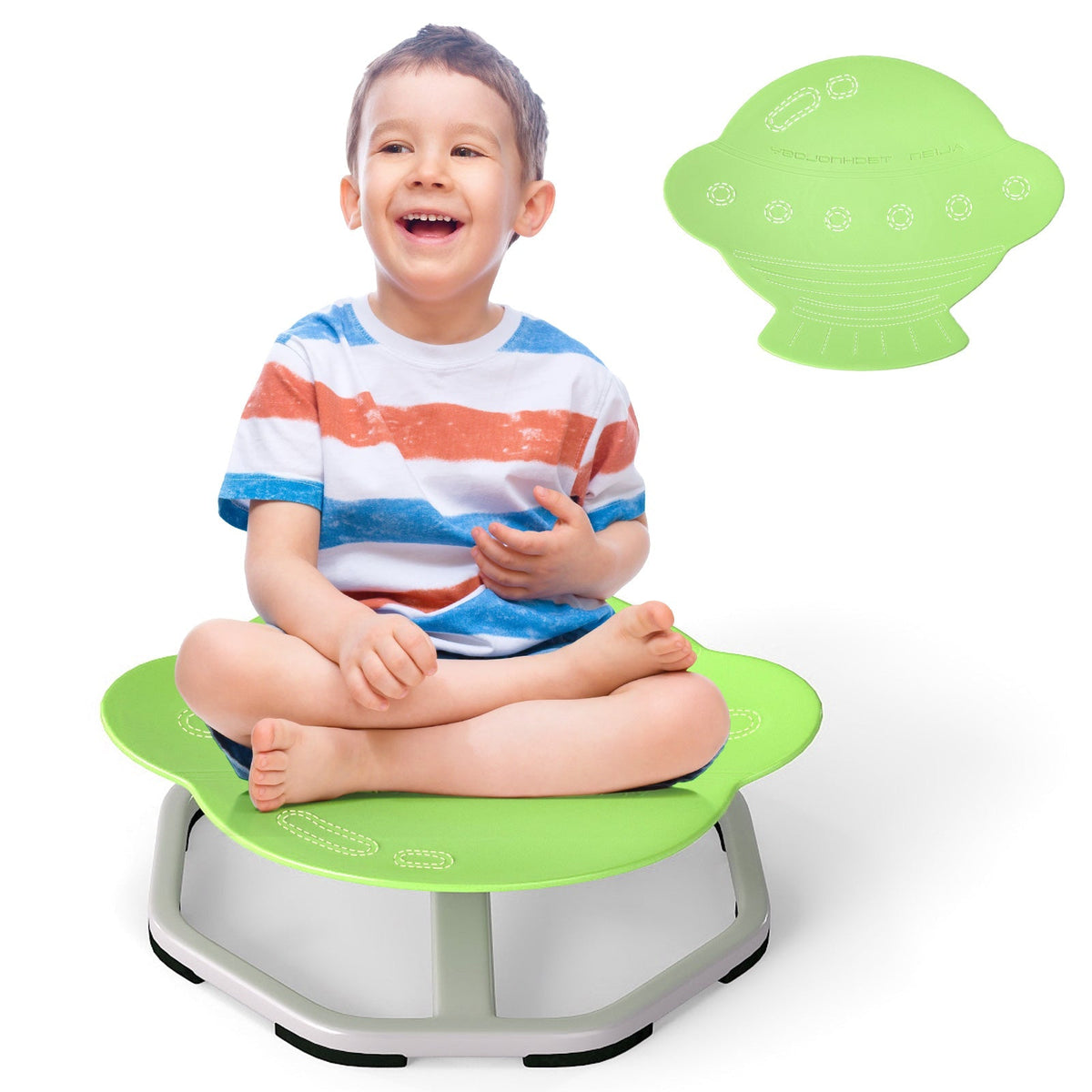 Kids sensory swivel chair with 360° spinning seat and metal base, designed for kids' comfort and sensory play.