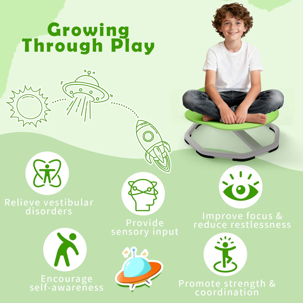 Kids sensory swivel chair with 360° spinning seat and metal base, designed for children’s comfort and sensory play.