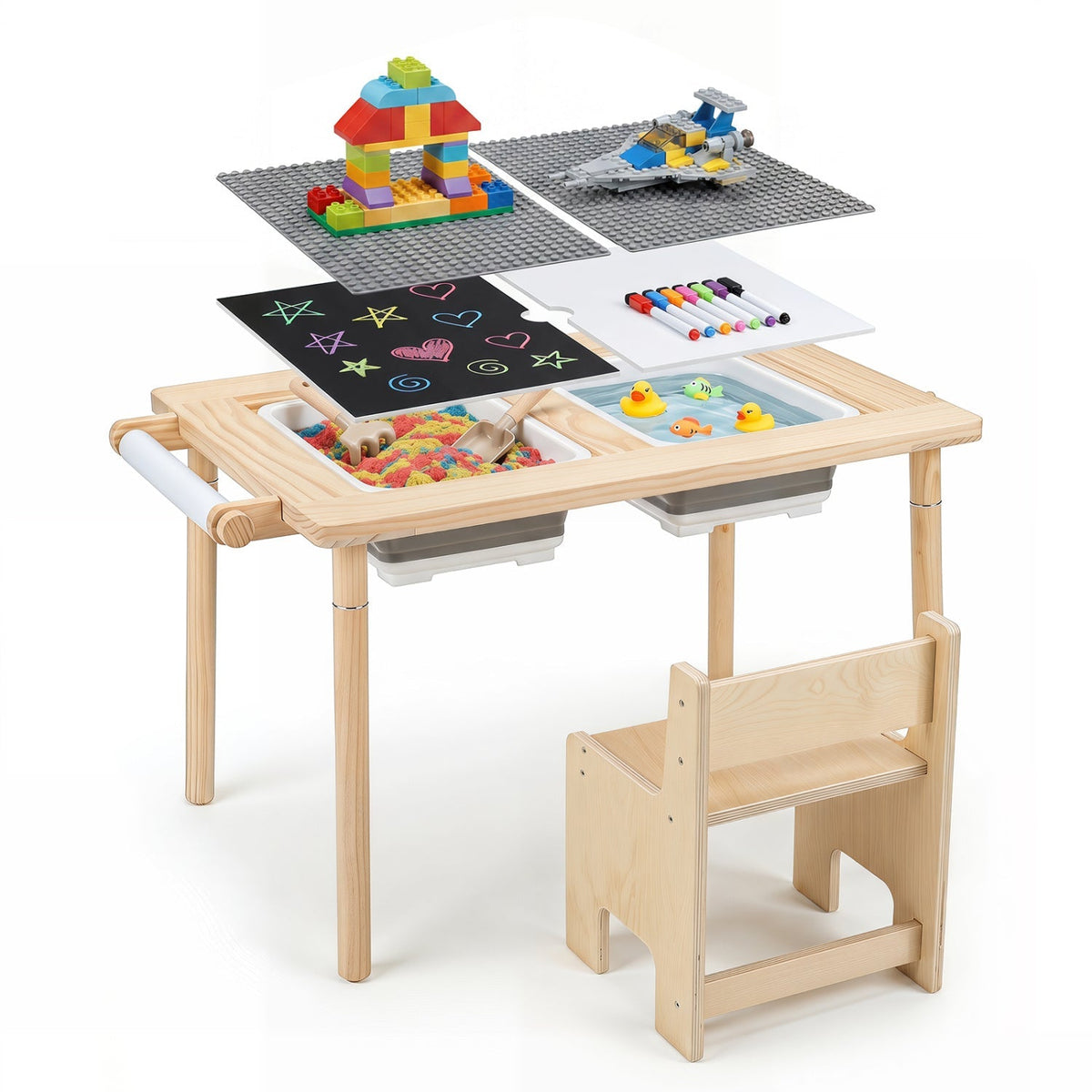 Kids sensory table set with adjustable height and two chairs, ideal for children’s play and learning activities.