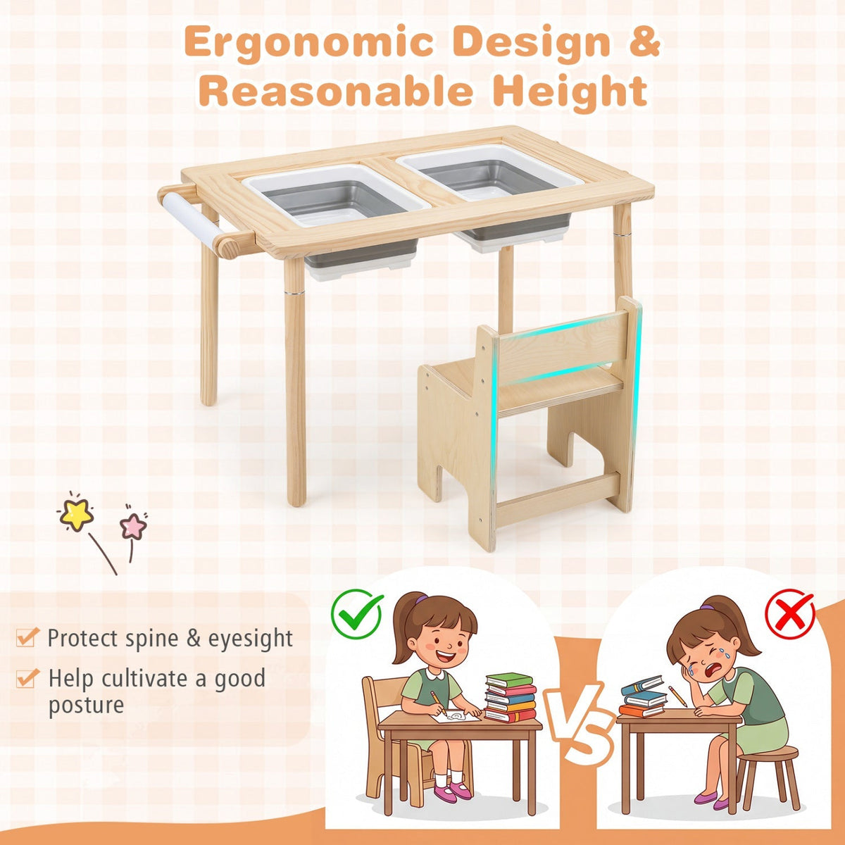 Kids sensory table set with adjustable height and two chairs, ideal for children’s play and sensory activities.