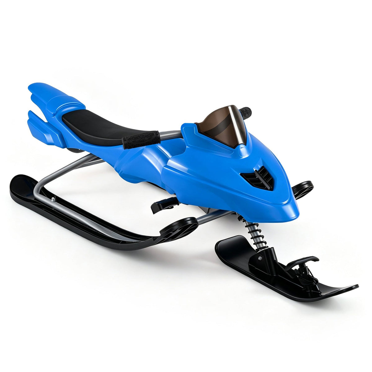 Kids riding a GBruno Store snow racer sled with brakes and steering handle on snowy terrain.