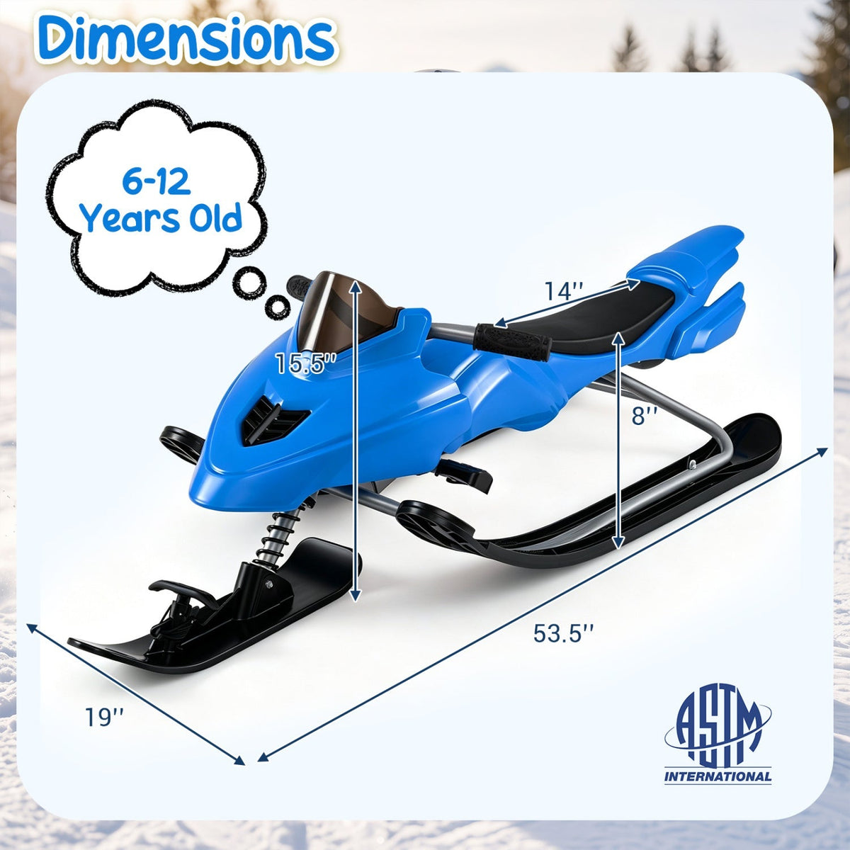 Kids riding GBruno Store snow racer sled with brakes and steering handle on snow, designed for winter fun and control.