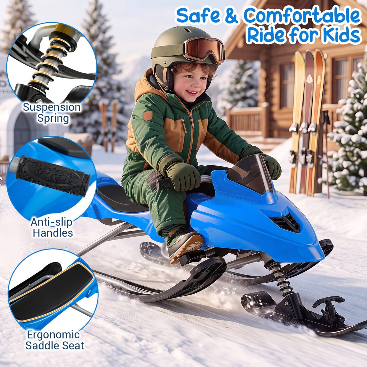 Kids riding a GBruno Store snow racer sled with brakes and steering handle on snowy terrain.