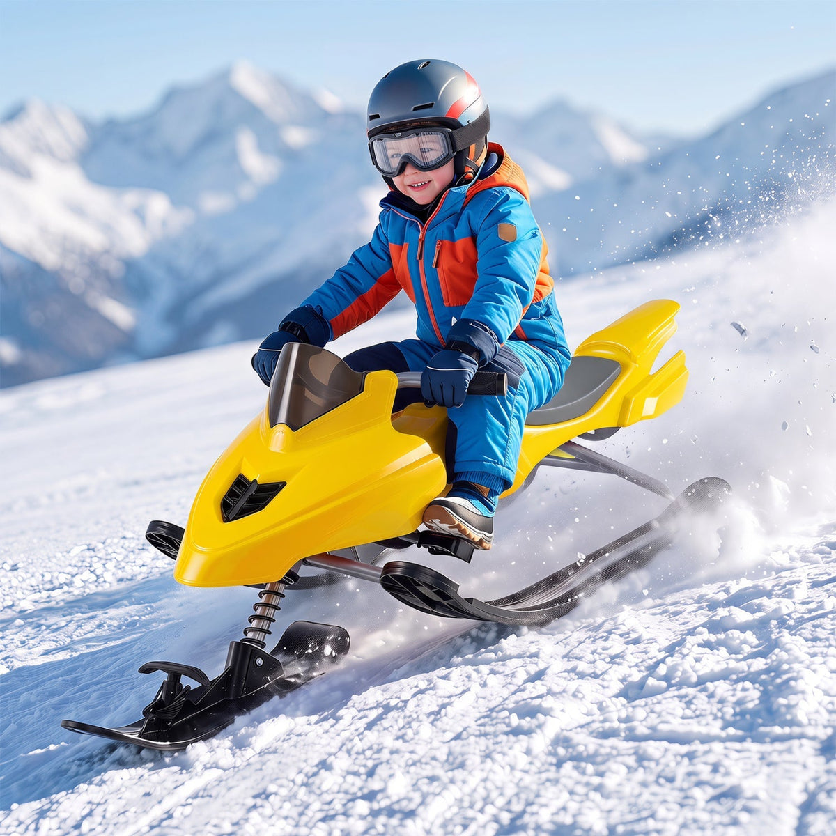Kids riding GBruno snow racer sled with brakes and steering handle on snow, designed for winter outdoor fun.