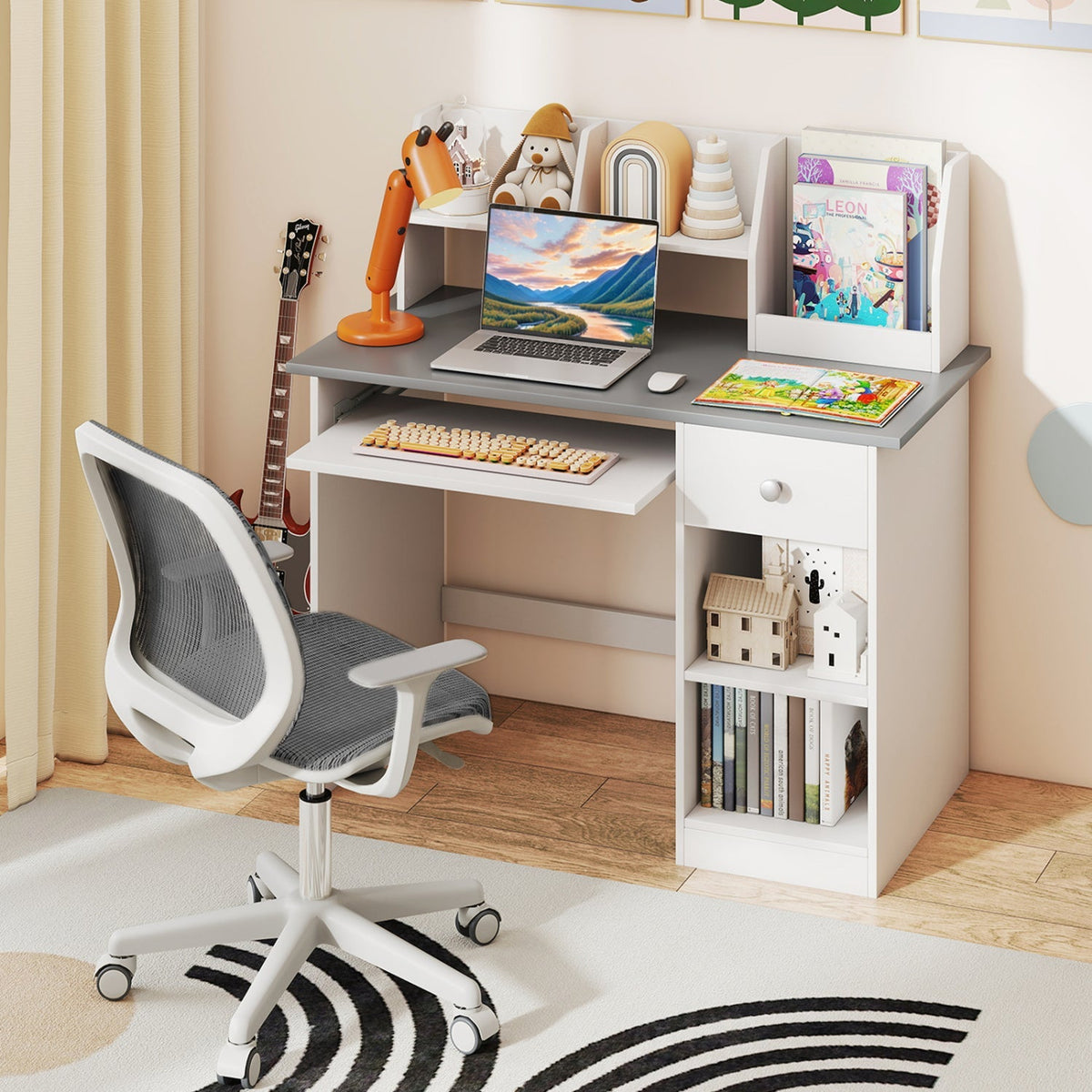 Kids study desk with hutch, drawer, and shelves by GBruno Store, featuring a colorful design and ample workspace for children.