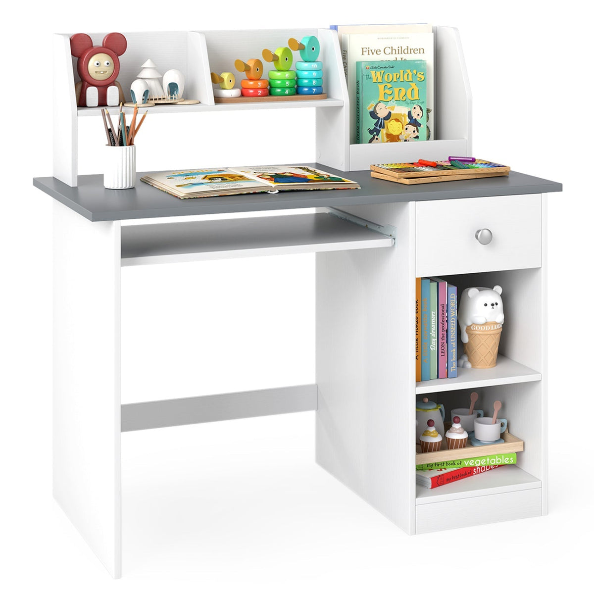 Kids study desk with hutch, drawer, and shelves by GBruno Store, featuring a spacious work surface and organized storage for children.