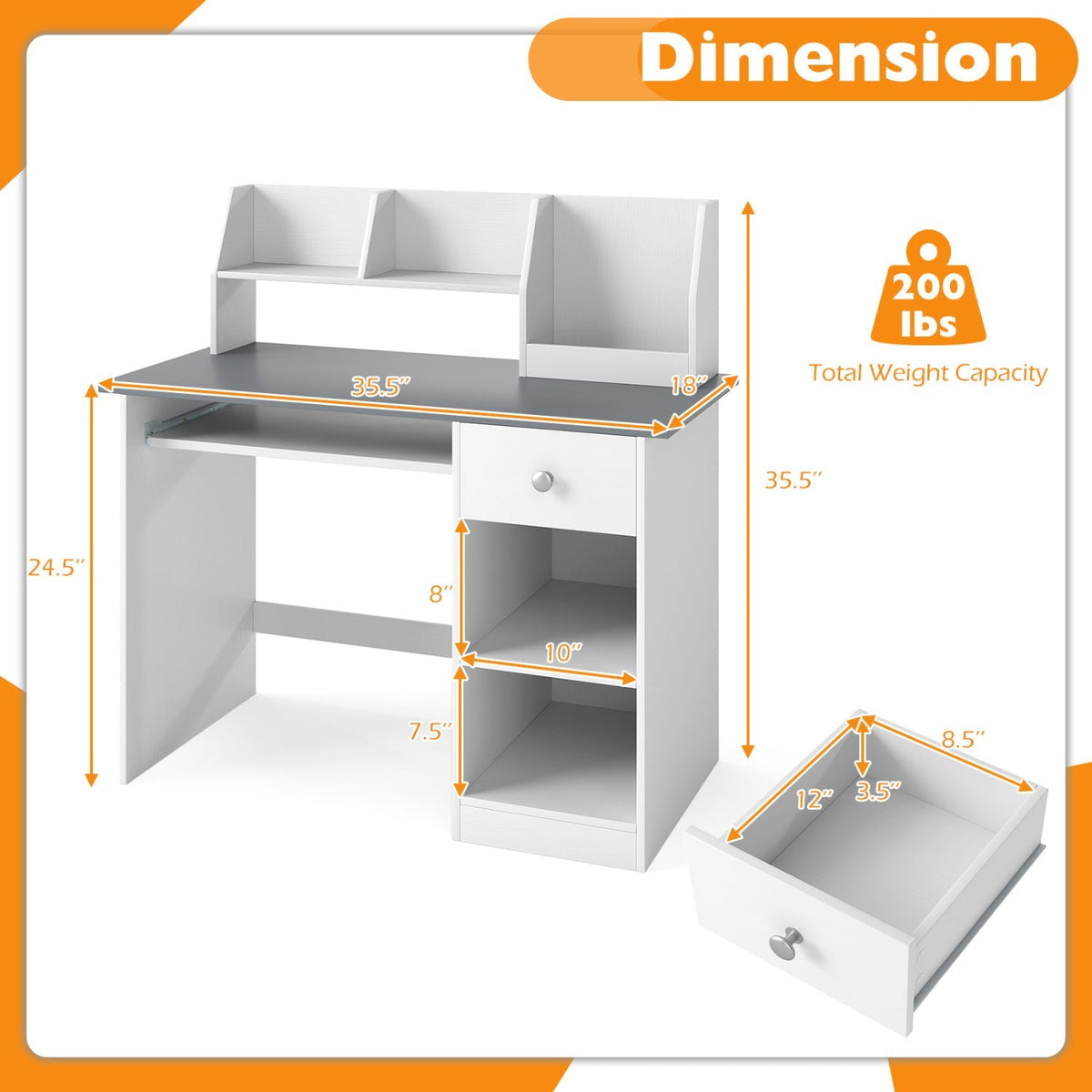 Kids study desk with hutch, drawer, and shelves by GBruno Store, featuring a sturdy wooden design for children's homework and activities.