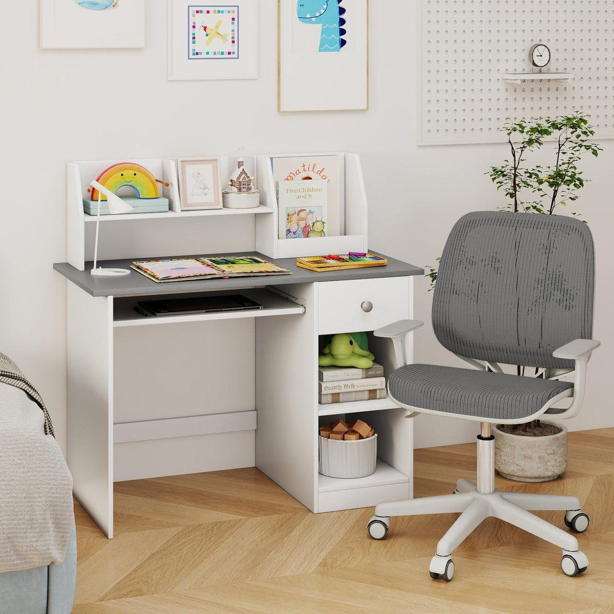 Kids study desk with hutch, drawer, and shelves from GBruno Store, featuring a wooden surface and organized storage for children.