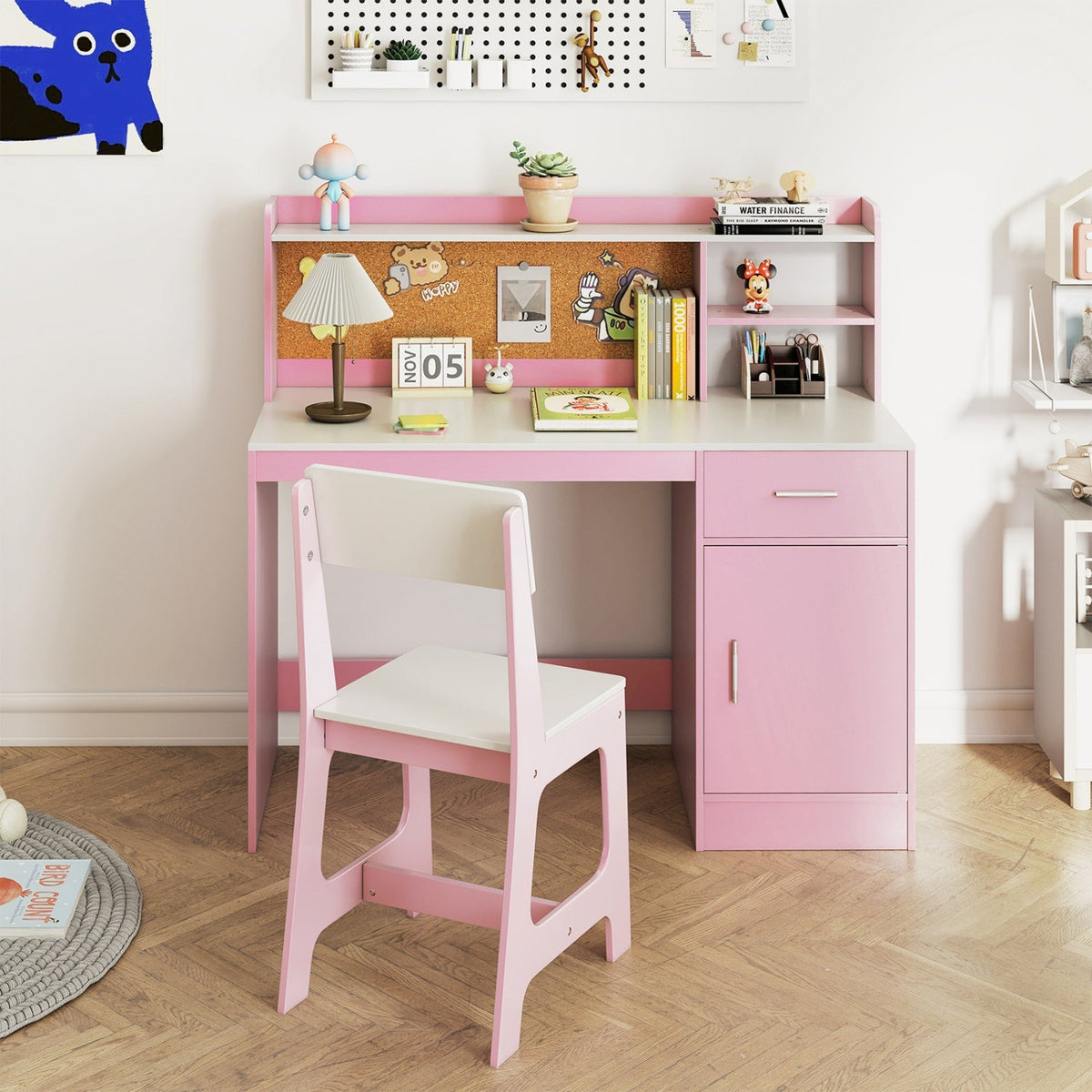 Kids study desk and chair set with storage compartments and bulletin board, designed for children, by GBruno Store.
