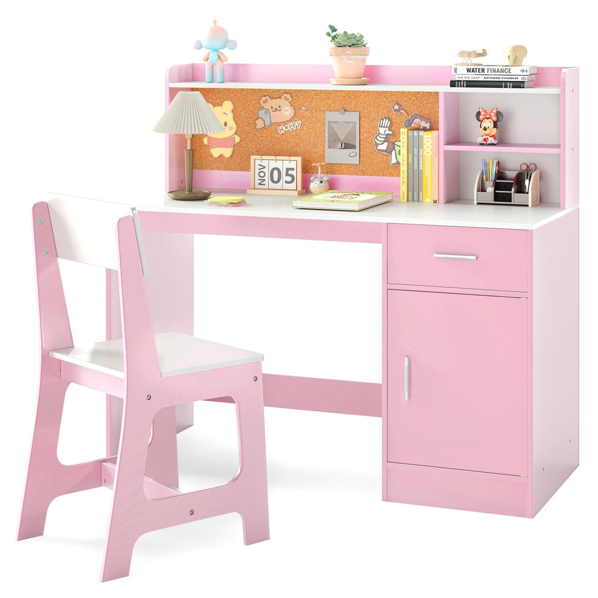 Kids study desk and chair set with storage compartments and bulletin board, designed for children, by GBruno Store.