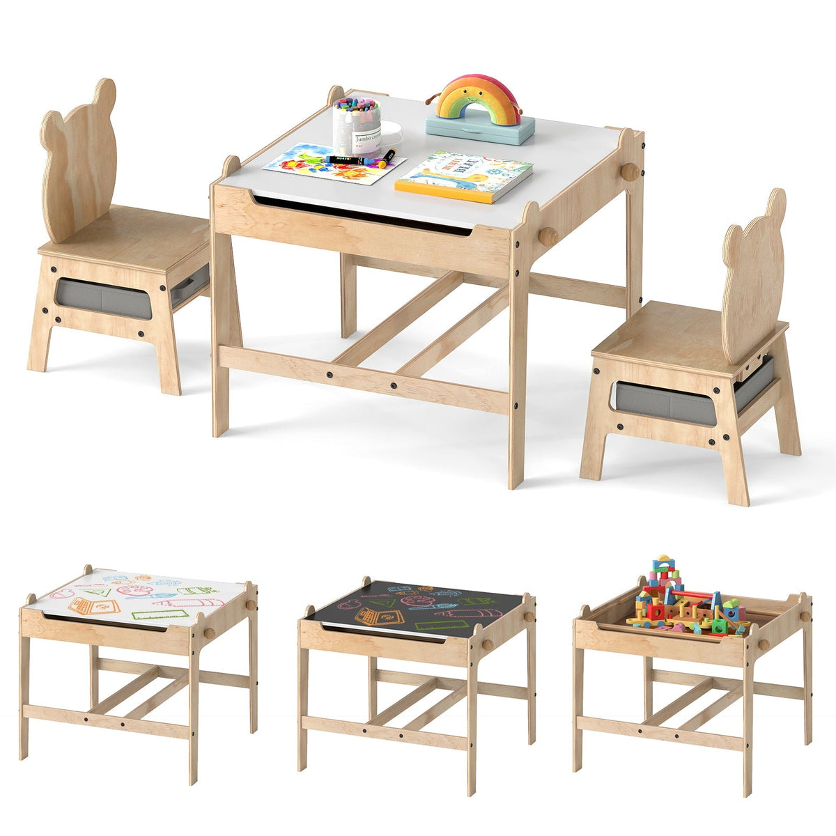 Kids table and chair set with a reversible whiteboard surface, designed for children, by GBruno Store.
