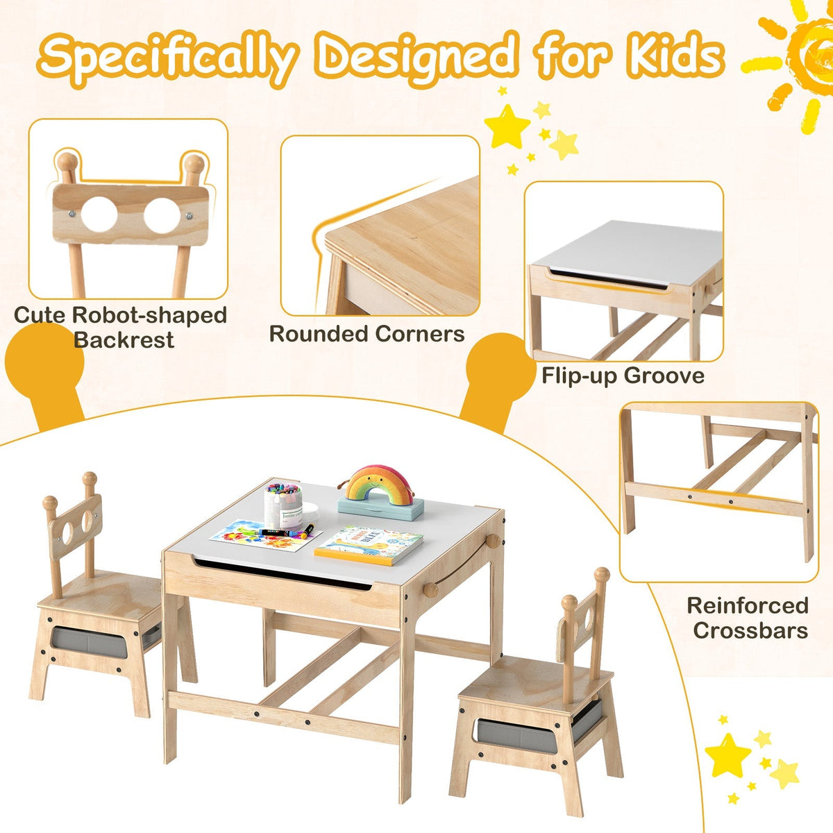 Kids table and chair set with reversible whiteboard from GBruno Store, featuring a colorful table and matching chairs for children.