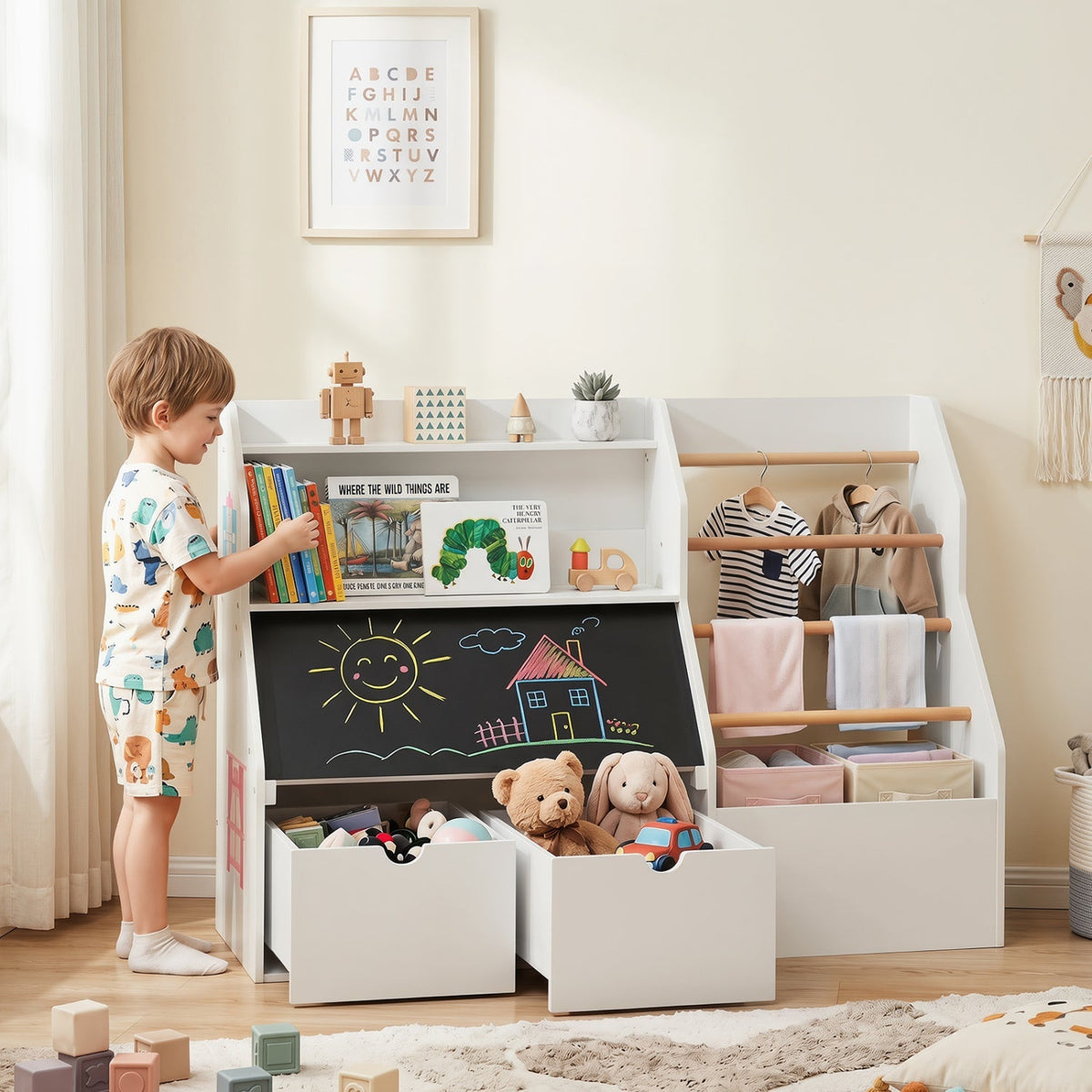 Kids toy storage organizer with flip-up blackboard from GBruno Store, featuring multiple compartments and a playful design.