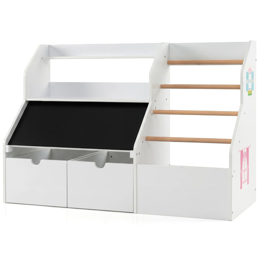 Kids toy storage organizer from GBruno Store with a flip-up blackboard and multiple compartments for easy toy organization.