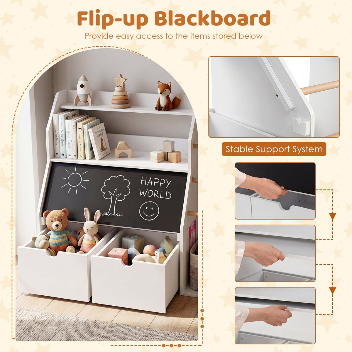 Kids toy storage organizer with flip-up blackboard by GBruno Store, featuring colorful compartments for easy toy organization.
