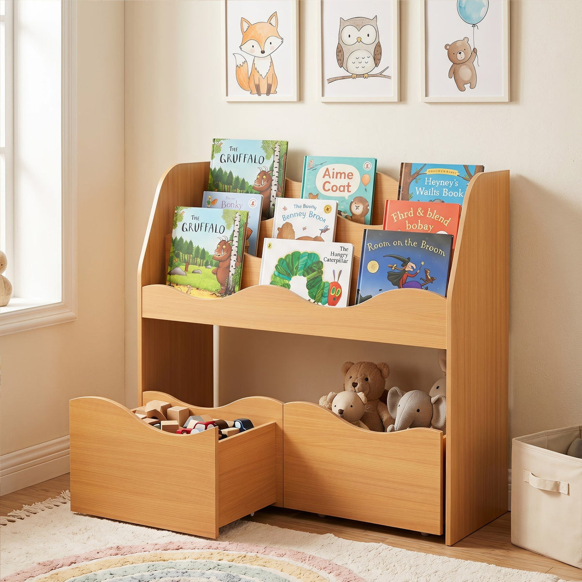Wooden kids storage organizer with rolling drawers and bookshelf, featuring colorful toys and books in a child's playroom.