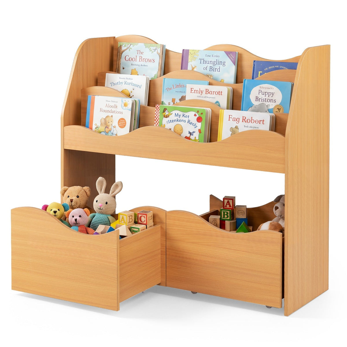 Wooden kids storage organizer with rolling drawers and bookshelf, sturdy children's furniture for toy and book organization.