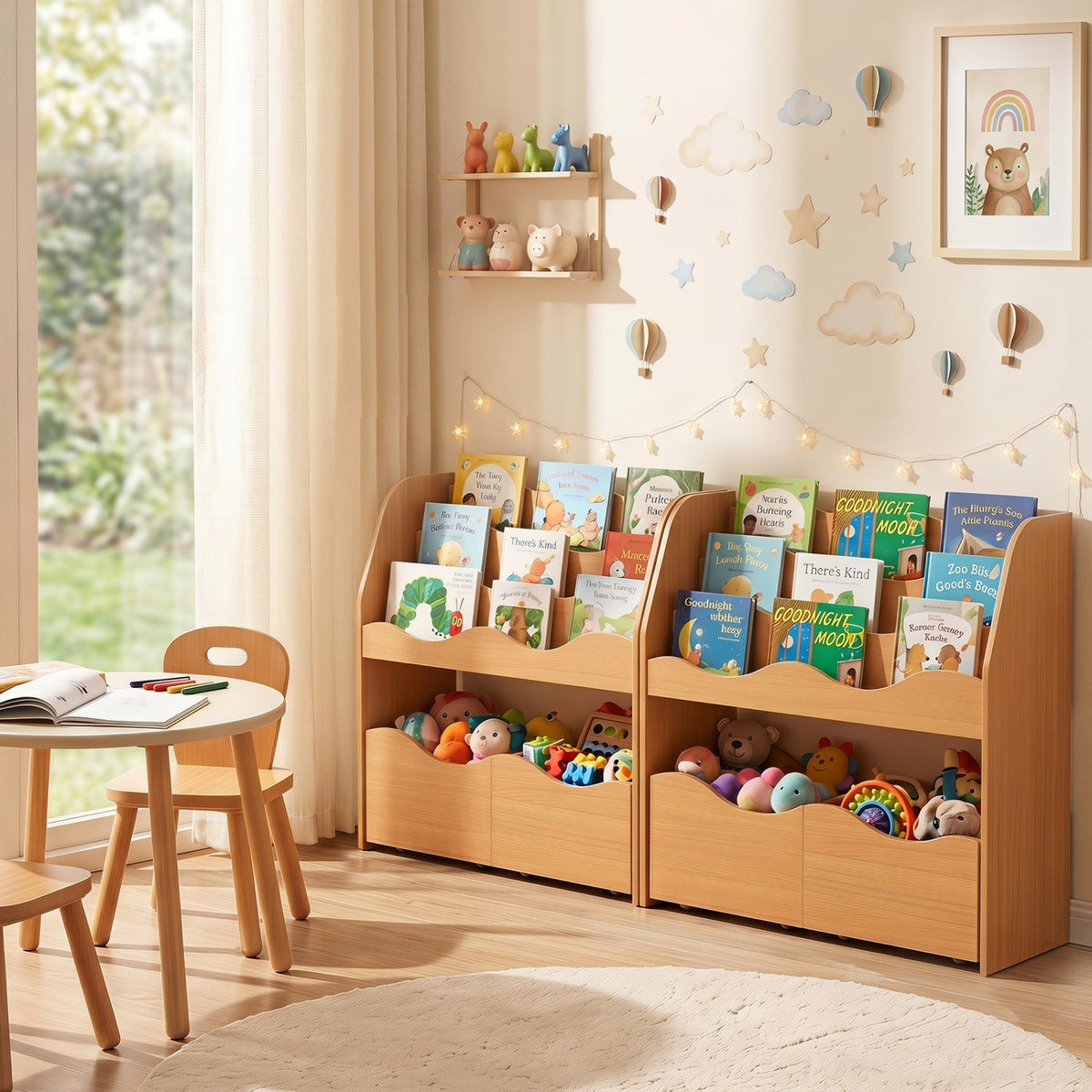 Wooden kids storage organizer with rolling drawers and bookshelf, ideal for toys and books in children's room, by GBruno Store