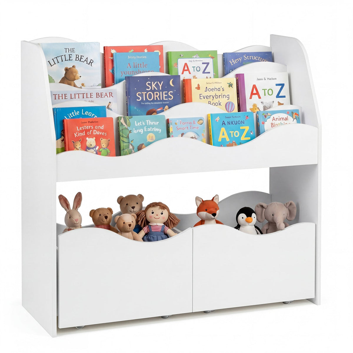 Wooden kids storage organizer with rolling drawers and bookshelf, ideal for toy and book organization in children's rooms.