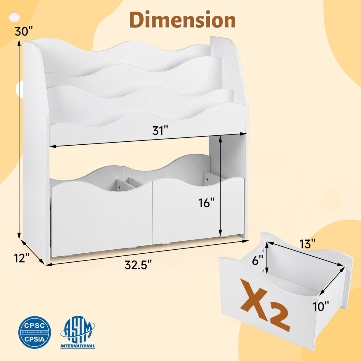 Wooden kids storage organizer with rolling drawers and a bookshelf, ideal for toy and book organization in children's rooms.