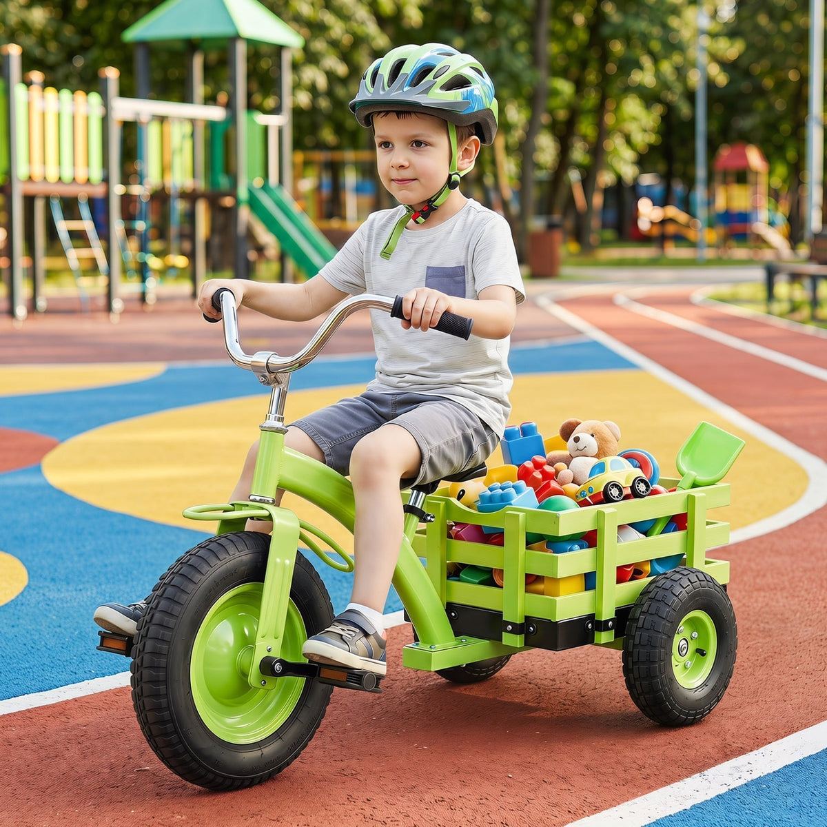 Kids tricycle with 15-inch inflatable rubber tires and a sturdy frame, designed for young children to ride comfortably.