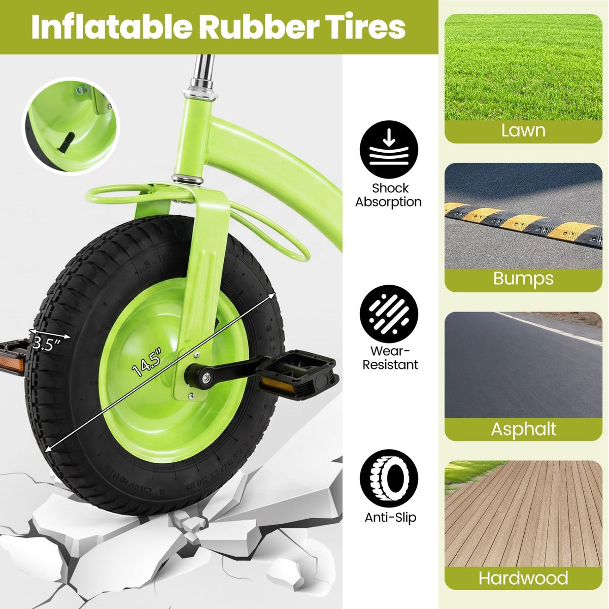 Kids tricycle with 15-inch inflatable rubber tires, featuring a sturdy frame and colorful design for young children.