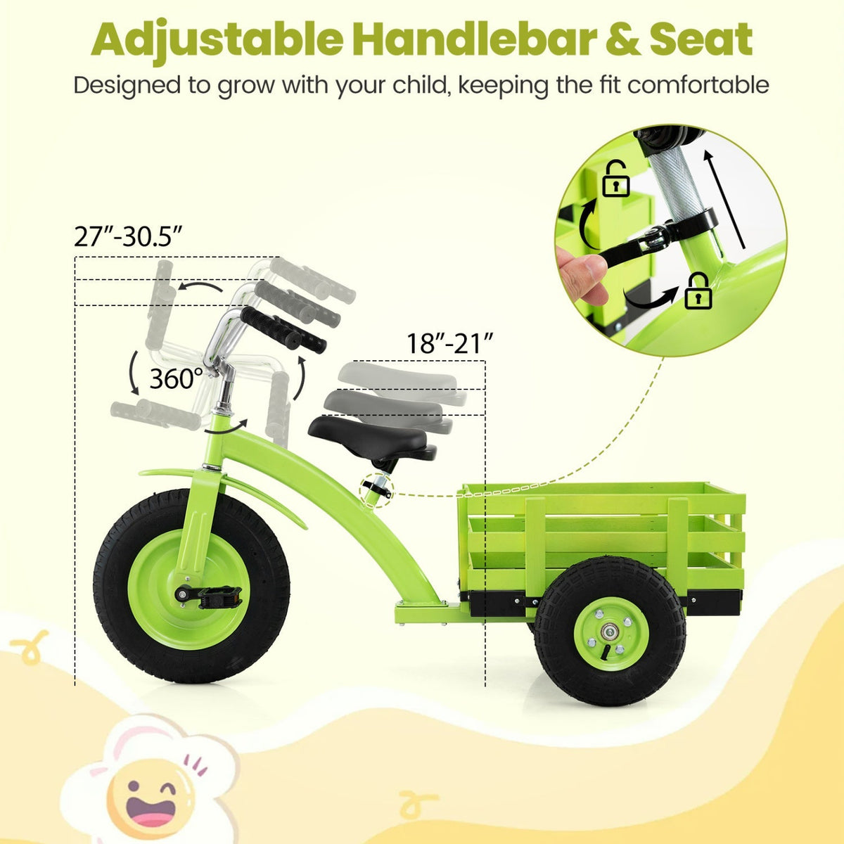 Kids tricycle with 15-inch inflatable rubber tires, featuring a sturdy frame and colorful design for young children.