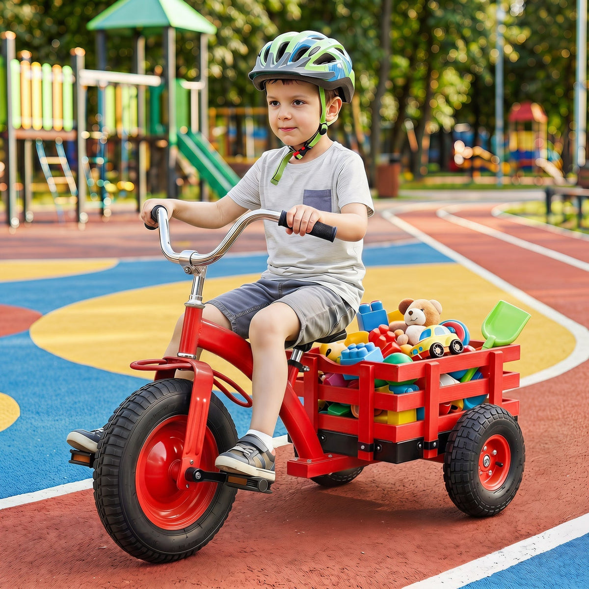 Kids tricycle with 15-inch inflatable rubber tires, colorful frame, and comfortable seat for young children.
