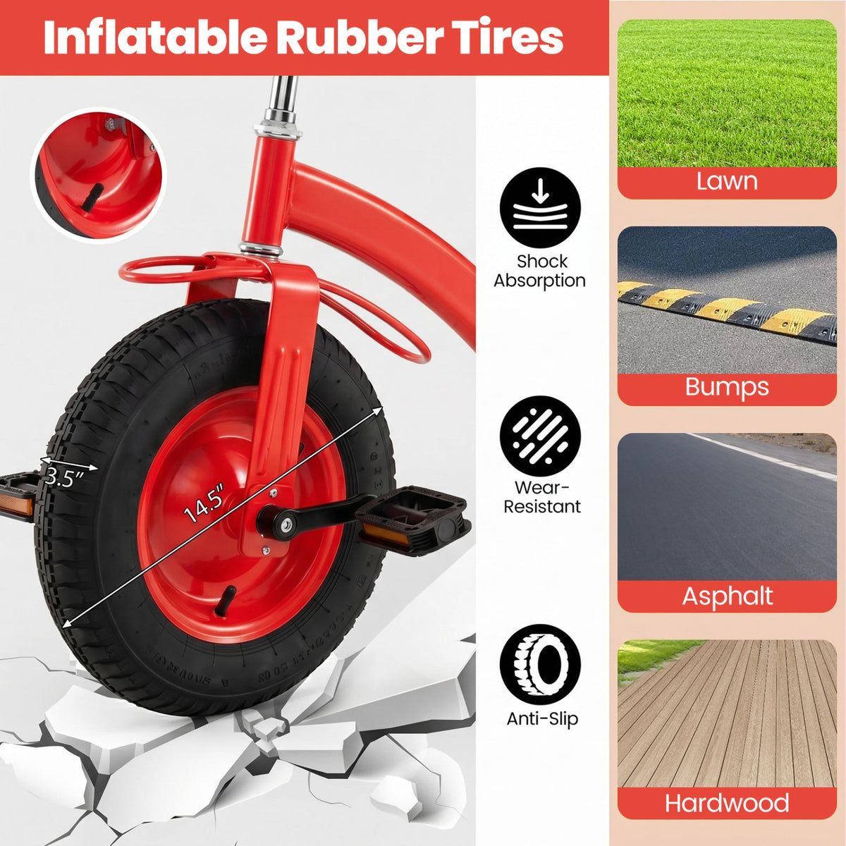 Kids tricycle with 15-inch inflatable rubber tires, featuring a sturdy frame and colorful design for young children.