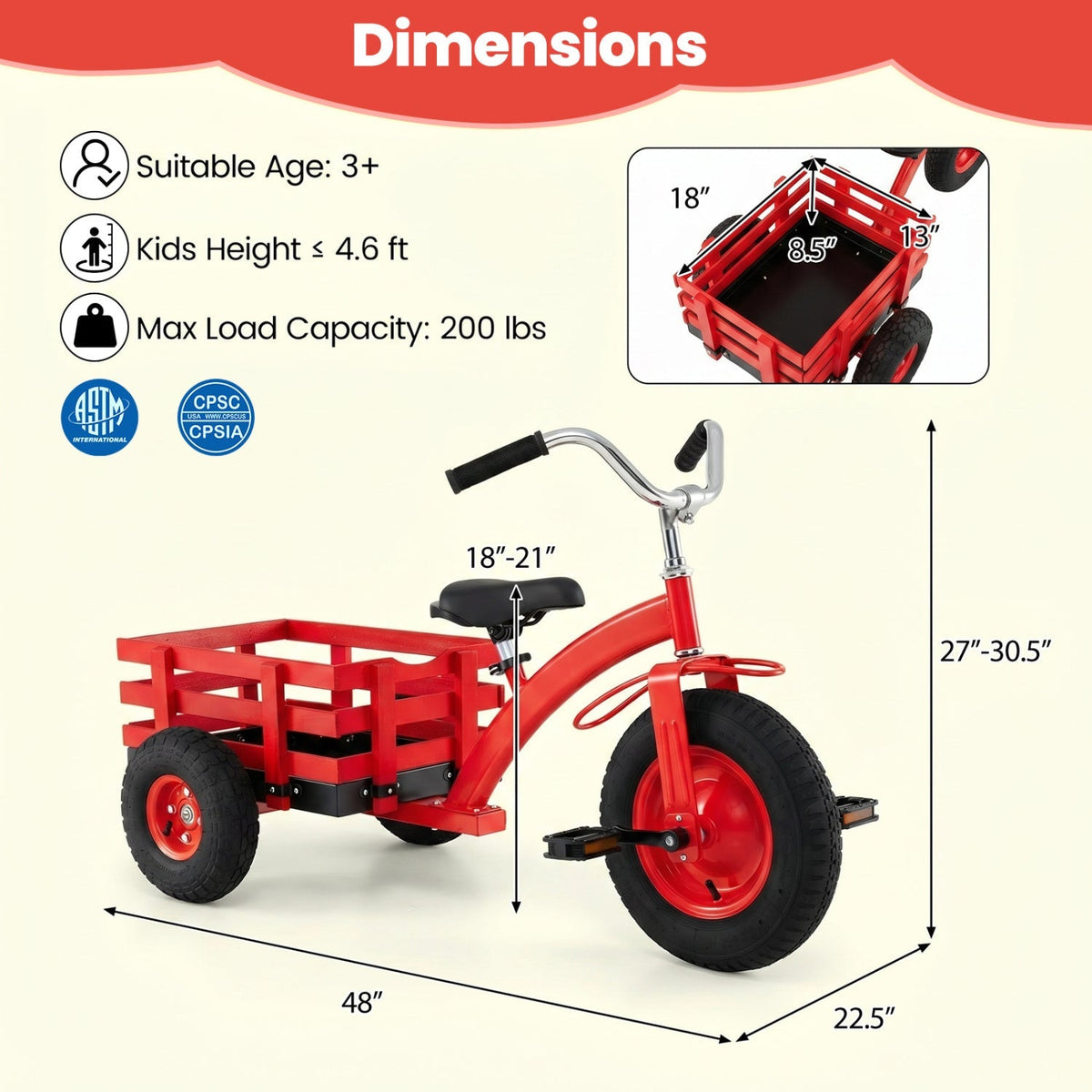 Kids tricycle with 15-inch inflatable rubber tires, featuring a sturdy frame and colorful design for outdoor play.