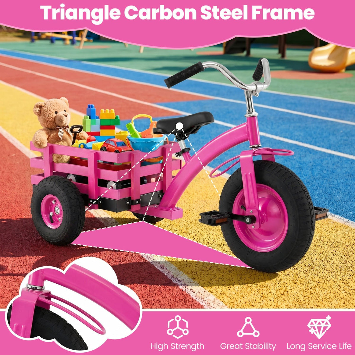 Kids tricycle with 15-inch inflatable rubber tires, colorful frame, and adjustable seat for young children.