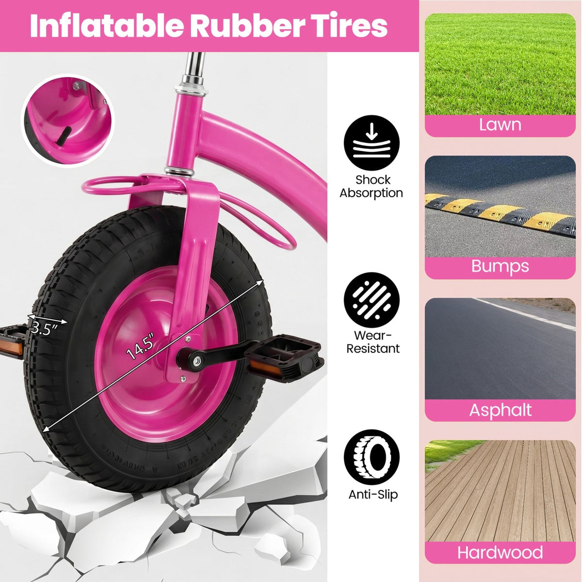 Kids tricycle with 15-inch inflatable rubber tires, sturdy frame, and colorful design for young children.