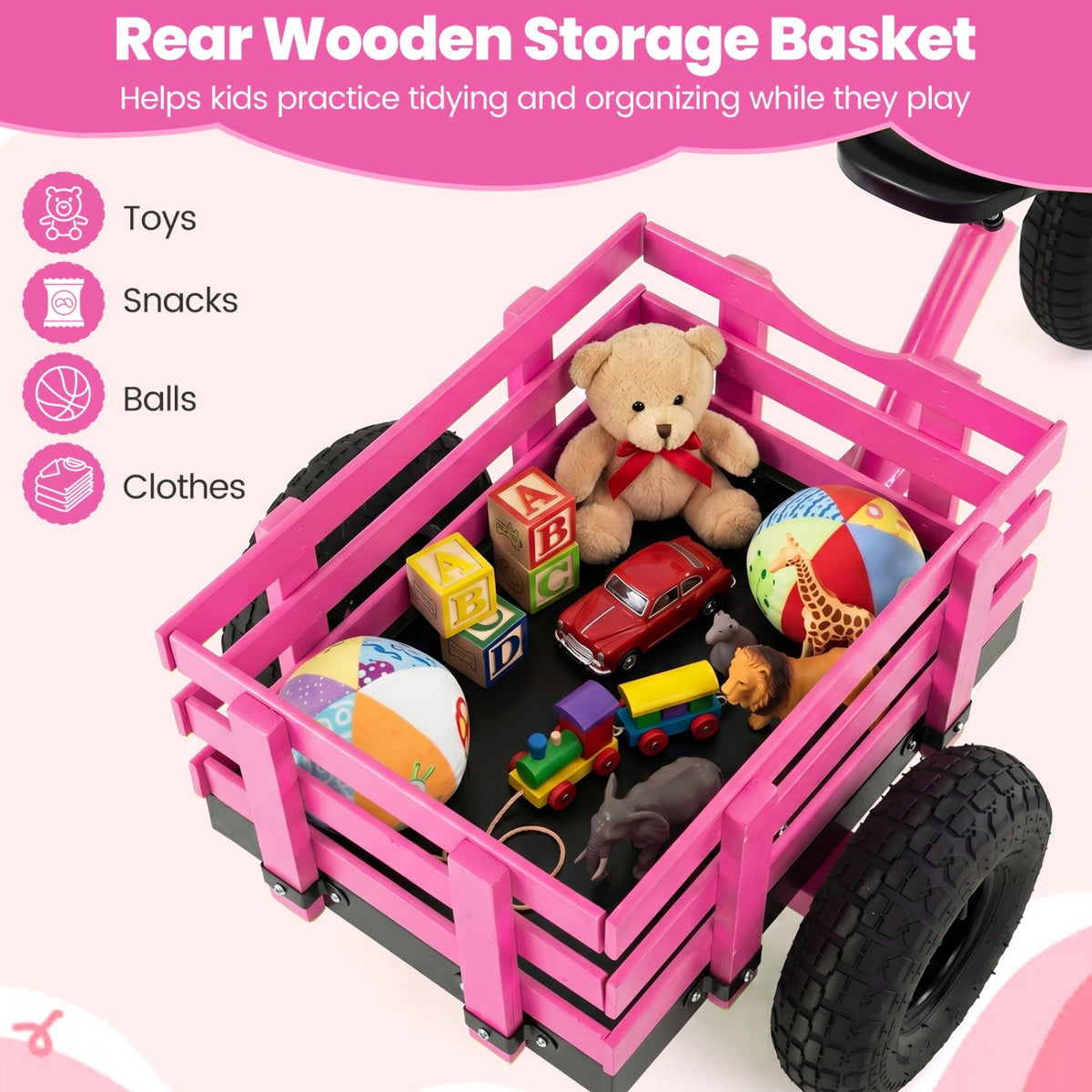 Kids tricycle with 15-inch inflatable rubber tires, featuring a sturdy frame and colorful design for young children.